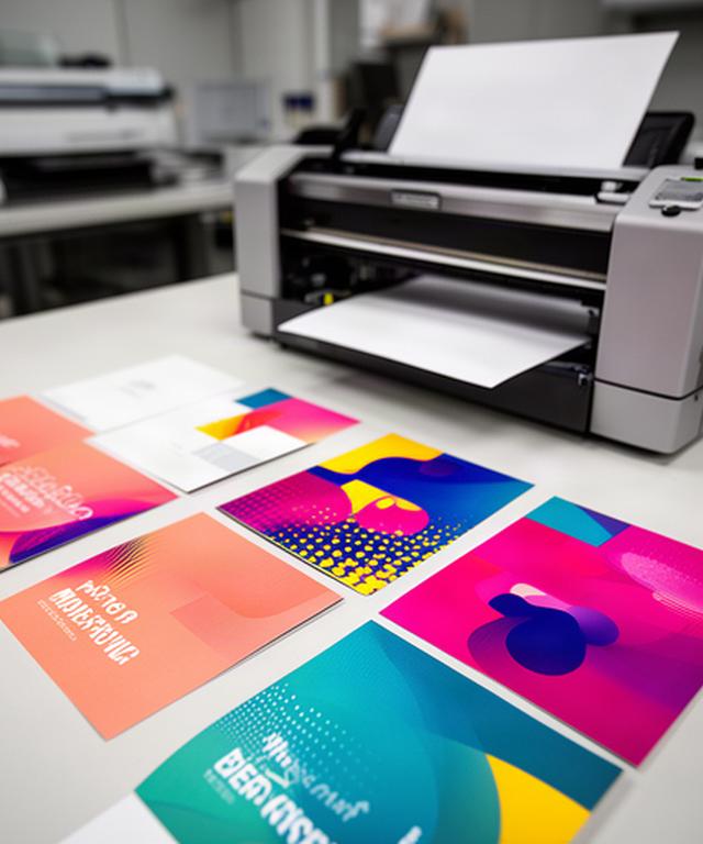 Vibrant digitally printed marketing cards arranged beside a compact production printer
