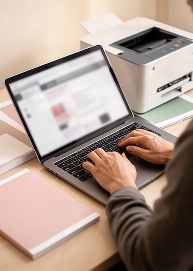 Customer reviewing website terms on a laptop beside printer manuals and a compact office printer