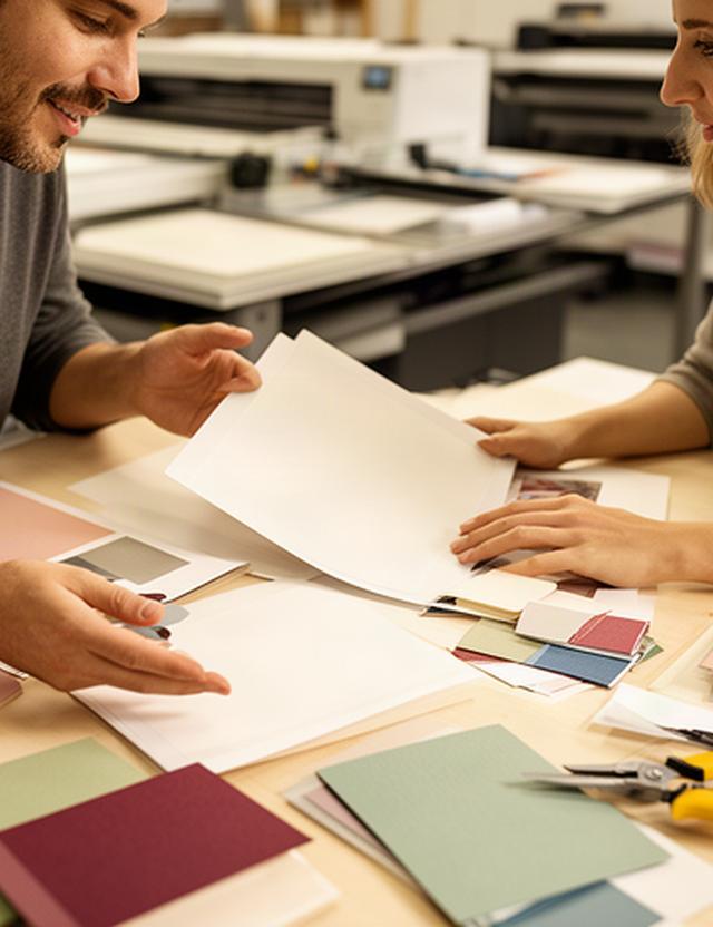 Printer specialist reviewing a brochure proof and paper samples with a customer at a studio desk