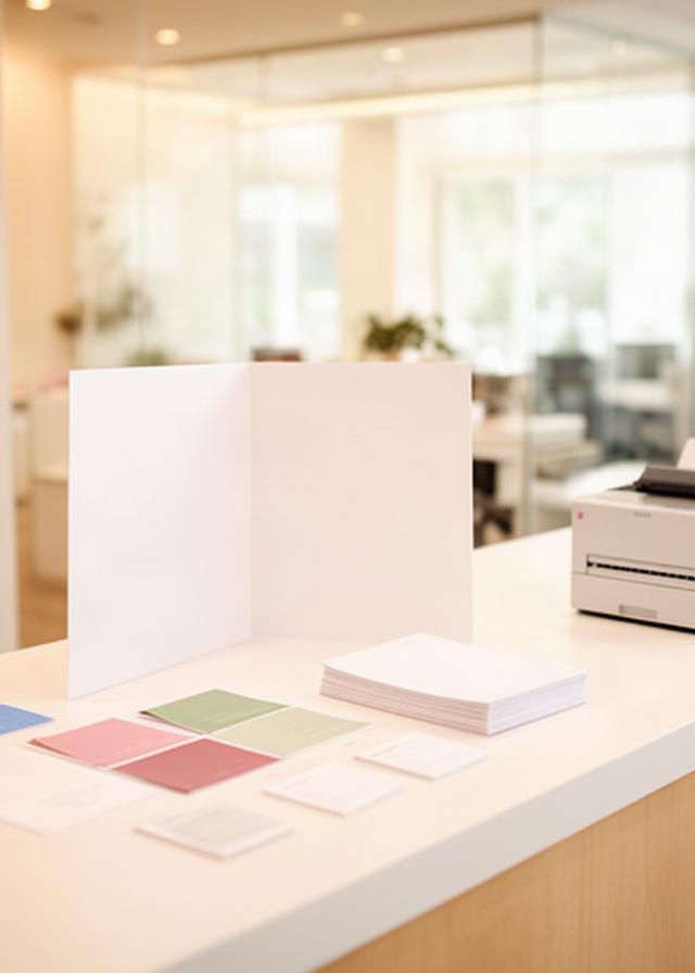 Bright Hutchinson print office reception with a service folder, paper samples, and a small printer