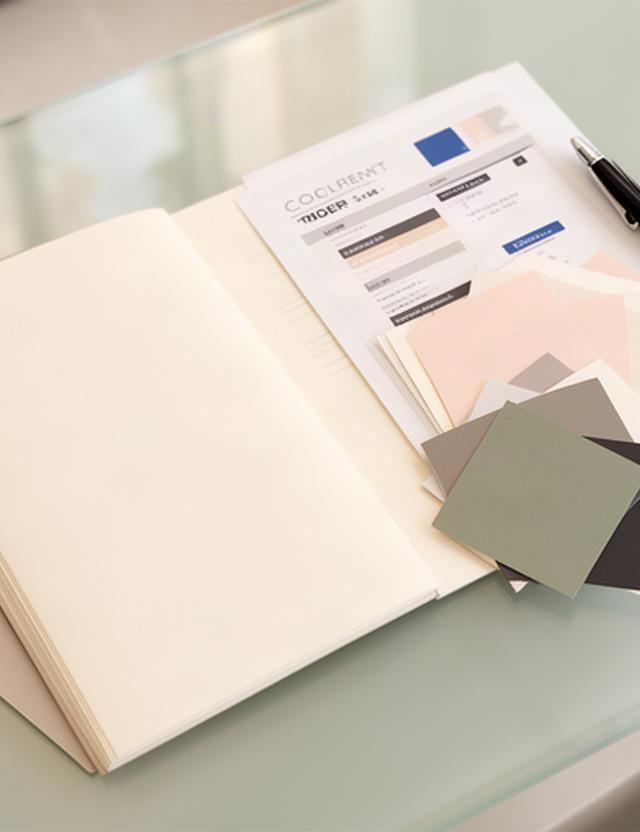 Open notepad beside a sample order sheet and paper swatches on a print consultation desk