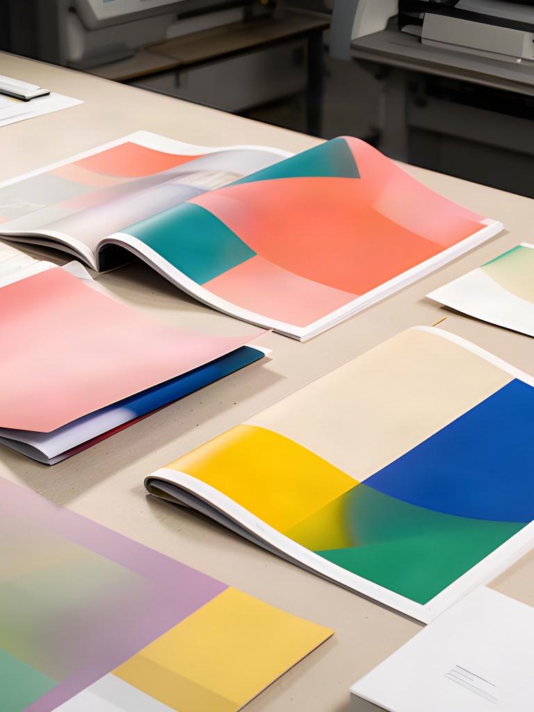 Vibrant magazine spread and folded banner samples arranged on a print studio table