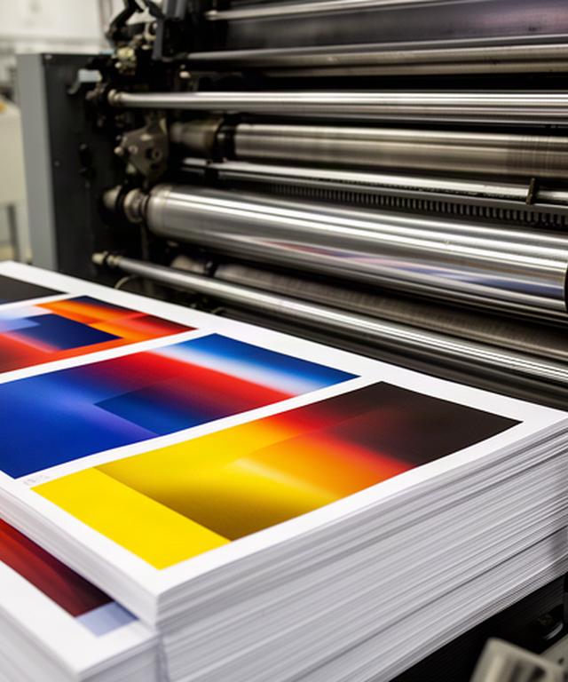 Freshly printed sheets stacked beside rollers on a commercial offset press