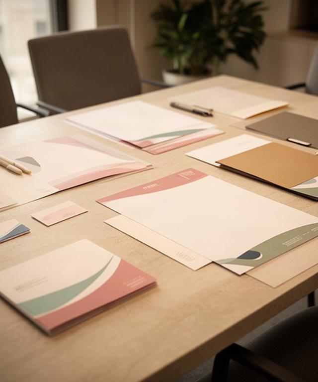 Printed brochures, letterhead, and business cards arranged on a local office meeting table