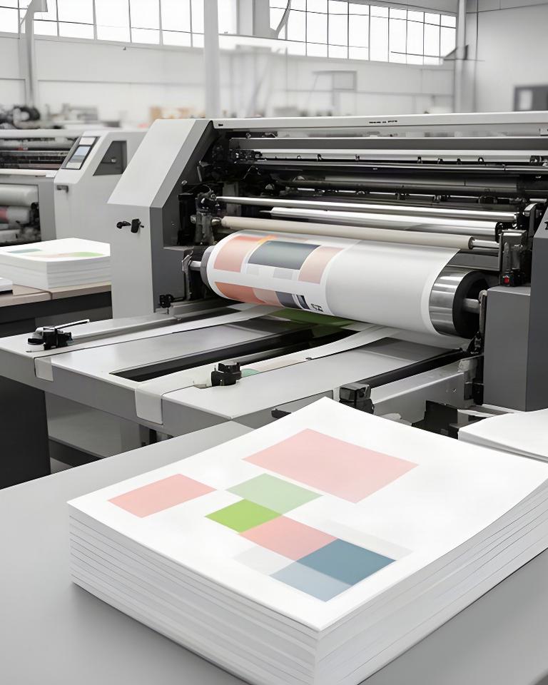 Modern digital printing press producing precise color business materials in a clean Kansas print shop