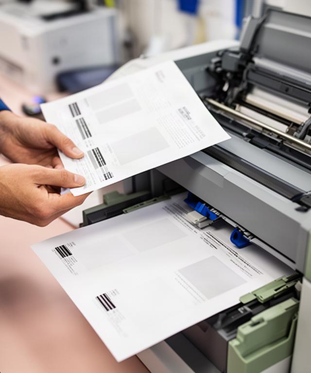 Technician reviewing printer setup instructions next to paper trays and printed test pages