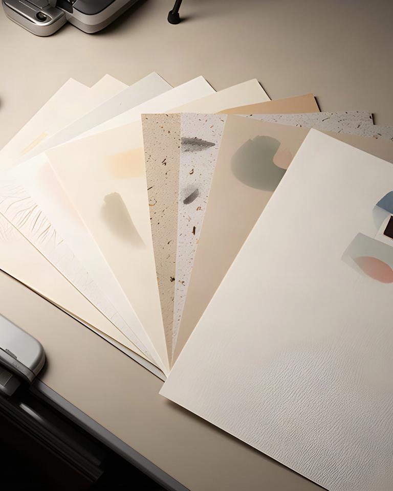 Coated silk uncoated textured and recycled paper samples fanned across a print finishing table