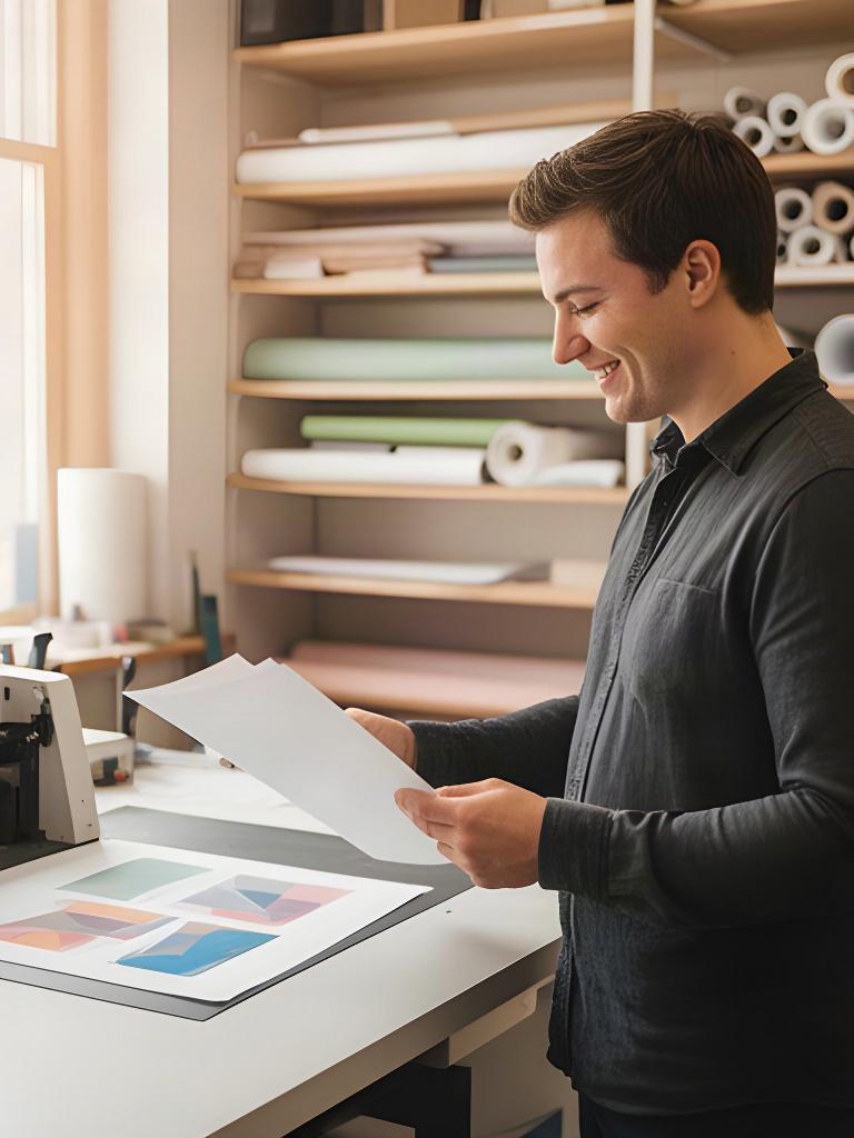 Print specialist reviewing a color proof beside paper shelves at a Panorama Drive workshop