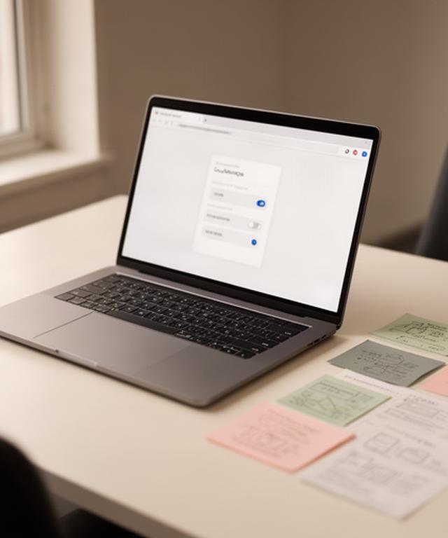 Laptop showing a privacy settings screen beside printed browser notes in a quiet office